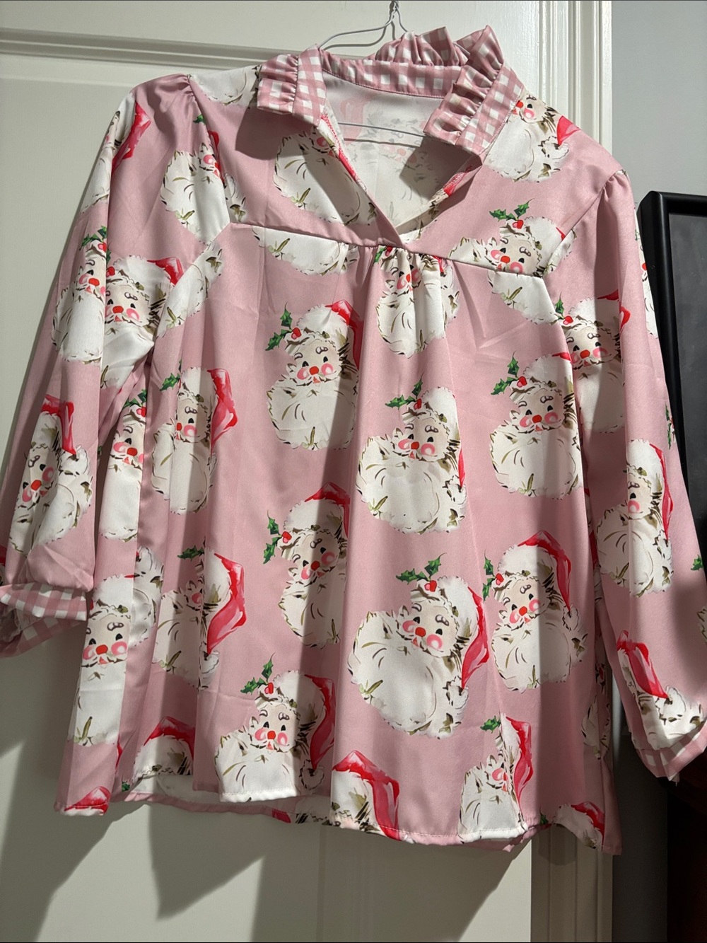 Pink Santa Print Holiday Blouse